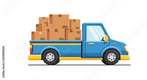 Blue pickup truck loaded with cardboard boxes on a white background