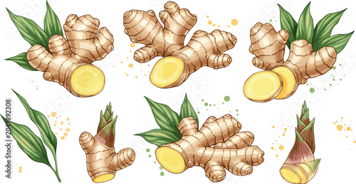 Φωτογραφία Fresh Ginger Root with Green Leaves and Sliced Pieces Detailed Illustration Coll