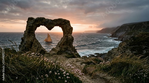 Heart Rock Arch Coastline at Sunset with Sailboat