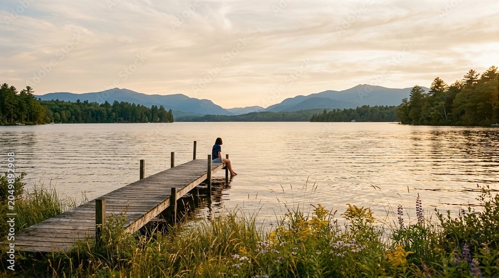 Fototapeta premium Solitude at Golden Hour on a Mountain Lake Dock