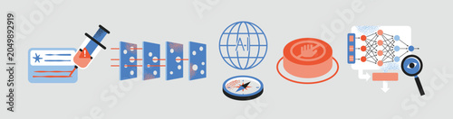 Flat vector icon set for AI safety and cybersecurity concepts, featuring prompt injection, transparent AI defenses, global AI values, emergency stop button, and neural network algorithm audit