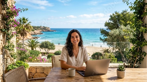 Young Woman Working on Laptop at Outdoor Patio Overlooking Tropical Beach