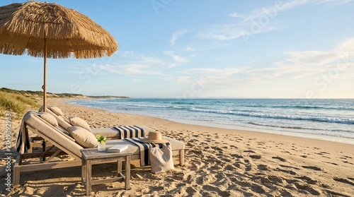 Luxury Beach Loungers Under a Thatch Umbrella at Sunset