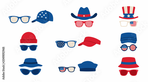 Collection of American patriotic themed hats and sunglasses with stars and stripes patterns.
