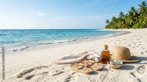 Beachside Vacation Accessories on White Sand with Ocean View
