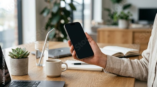 Modern Office Mockup with Hand Holding Blank Smartphone Screen