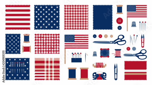 Collection of American flag motifs and sewing related fabric patterns.