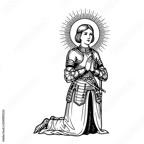 Fotografija Joan of Arc female knight kneeling in prayer with halo in vintage engraving styl