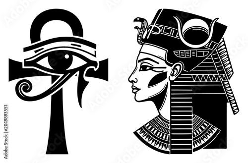 Obraz na płótnie Egyptian queen profile with ankh and eye of horus symbols in graphic minimalist
