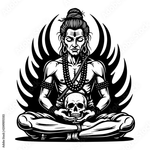 Quadro em tela Hindu deity Lord Shiva or ascetic monk meditating with skull in detailed graphic