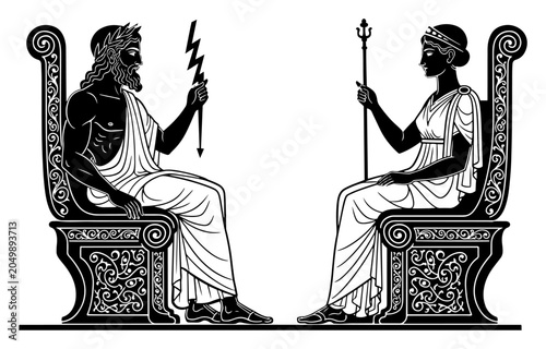 Fotografie Zeus and Hera sitting on ornate thrones in classical Greek pottery style