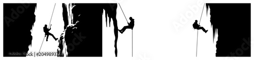 Foto Rock climber silhouettes rappelling down steep cliffs and mountain walls in grap