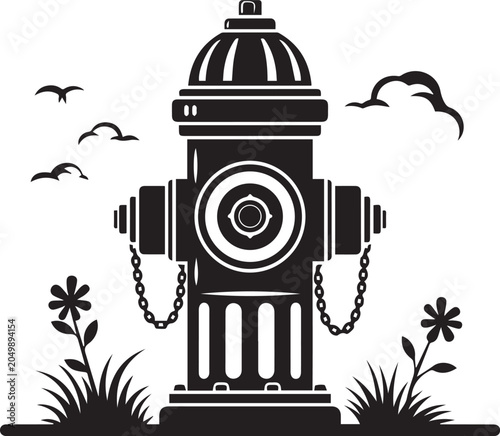 Fire hydrant black silhouette illustration street fire plug with grass flowers and birds vector