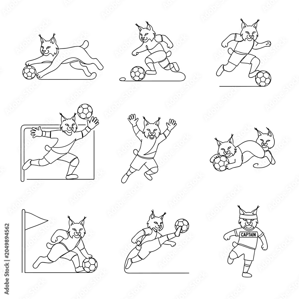 Naklejka premium Black and white line art coloring page set of lynx soccer player characters.