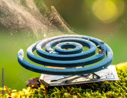 A blue spiral-shaped mosquito coil emitting smoke on a metal plate atop moss
