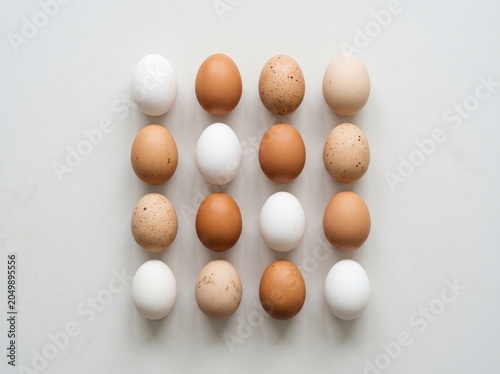 Top view of sixteen chicken eggs in various colors arranged in a perfect square grid pattern on a white background