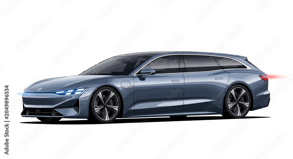 Naklejka premium Modern Electric Wagon Car, Blue Exterior, Futuristic Design, White Background