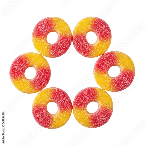 Gummy candy rings in a circle isolated on transparent background