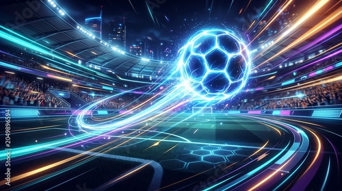 Modern soccer background featuring glowing neon ball flying through digital stadium with high speed energy trails and futuristic sports atmosphere