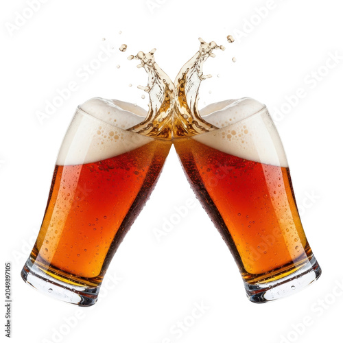 Two beer glasses clinking with splash isolated on transparent background