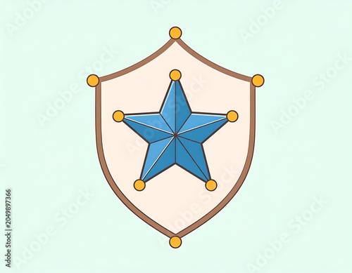 A blue star centered on a beige shield with a brown outline and gold accents on a mint green background