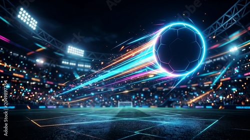 Dynamic Soccer Stadium Background With A High Energy Glowing Neon Ball Creating A Vivid Light Trail Motion Effect For Modern Sports Marketing Media