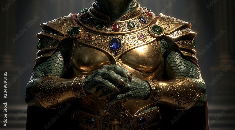 Fototapeta premium Mysterious fantasy warrior in ornate golden armor with precious gemstones.