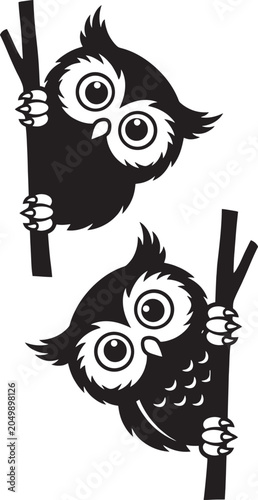 Fotografía Two cute cartoon owls are clinging to branches in a stylized black and white gra