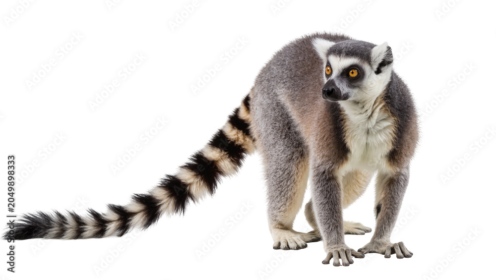 Fototapeta premium Ring-tailed lemur with striped tail, isolated on transparent background