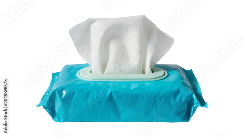 Canvastavla Blue wet wipes package with white textured sheets, isolated on transparent backg