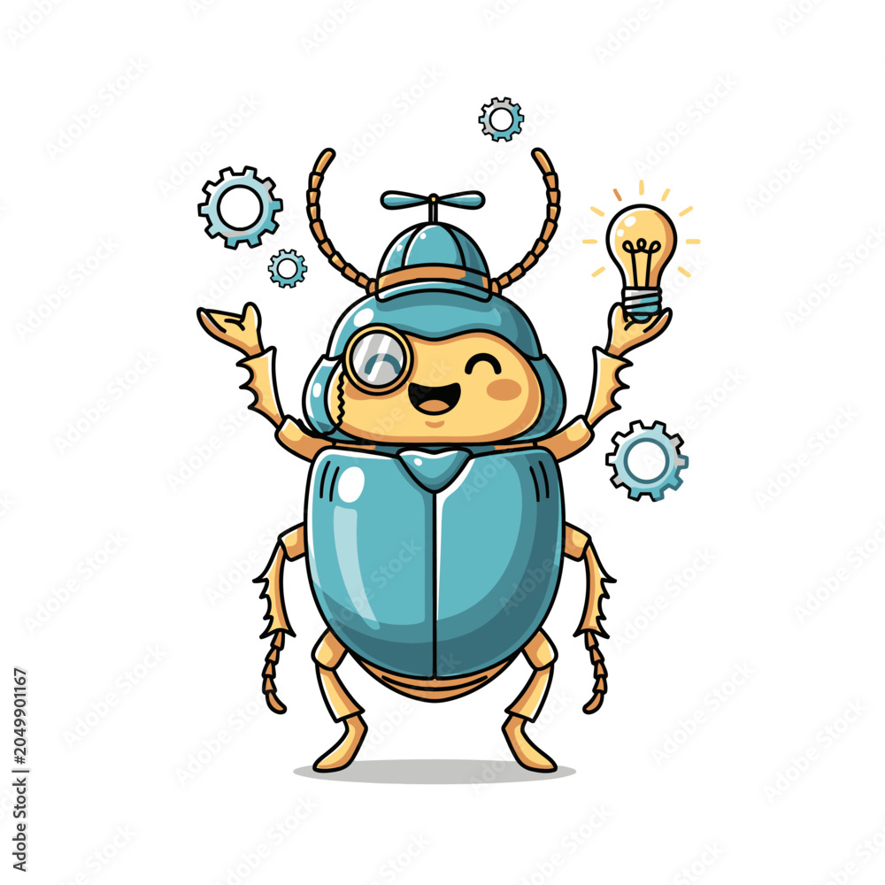 Naklejka premium Cute mechanical beetle character holding a light bulb with gears
