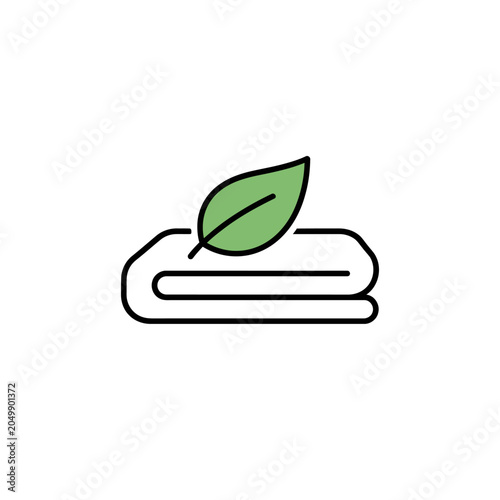 Line art folded towel icon with a green leaf.