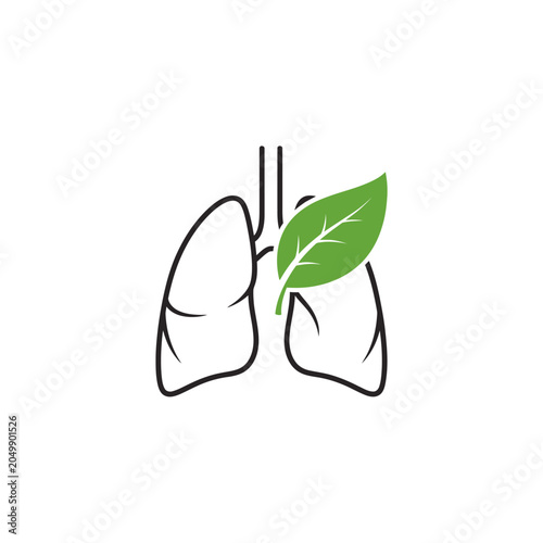 Line art of human lungs with green leaf.