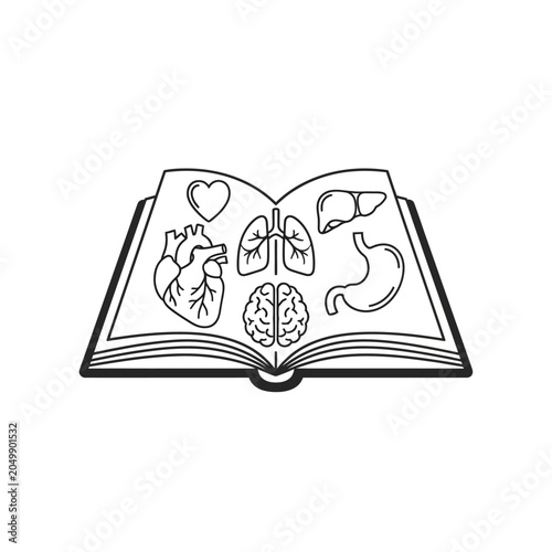 Line art medical book showing human internal organ icons.