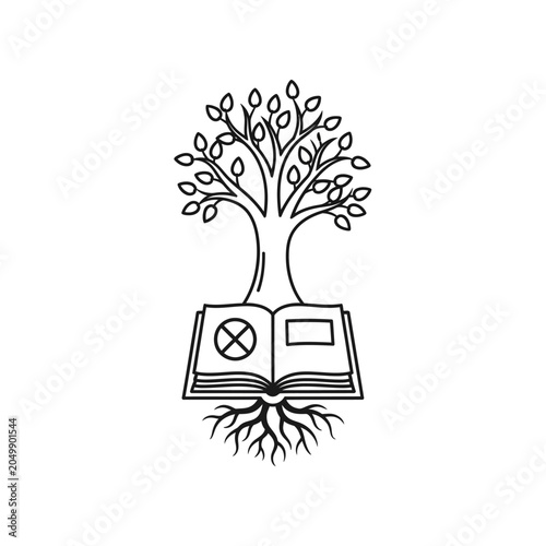 Line art tree with roots emerging from open book.