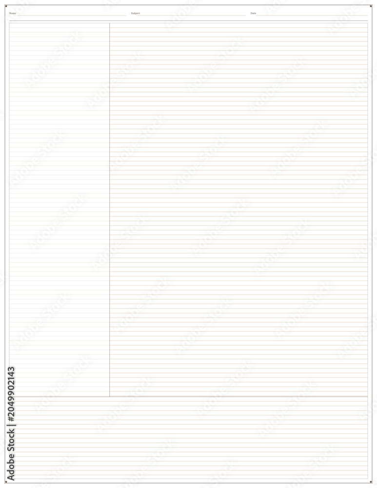 Obraz premium Cornell Notes Template: Scripted Content Blank Lined Notebook Page with Summary Section, Elegant Golden Star Border Layout US Letter Size