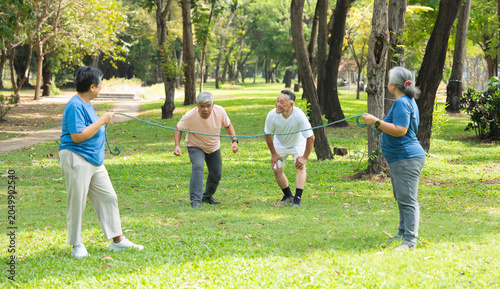 Group of elderly people running in park, symbolizing senior lifestyle, wellness, competition, and companionship in cheerful outdoor environment with trees, grass, natural daylight