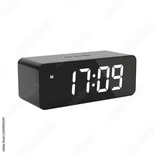 Black digital alarm clock isolated on transparent background