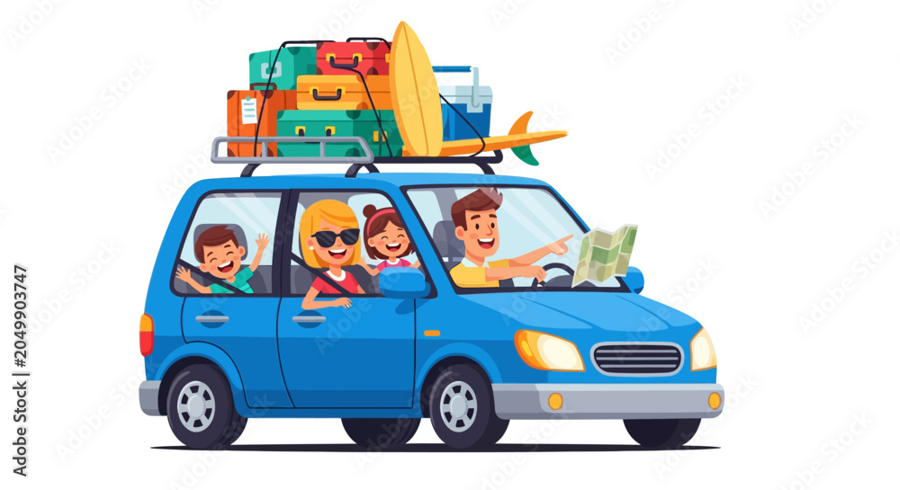 Fototapeta premium Family Vacation Road Trip: Happy People Driving Blue Car with Luggage & Surfboard