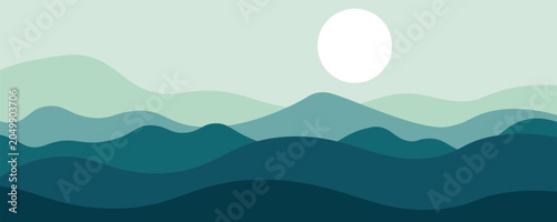 Mountain minimal background vector. Abstract landscape hills with green color, sun, moon. Nature view illustration design for home decor, wallpaper, prints, banner, interior decor.