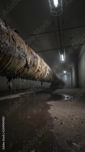 Old Rusty Pipe Leaking Water in Dark Underground Tunnel