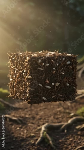 Floating Cube of Fertile Soil in Sunny Forest