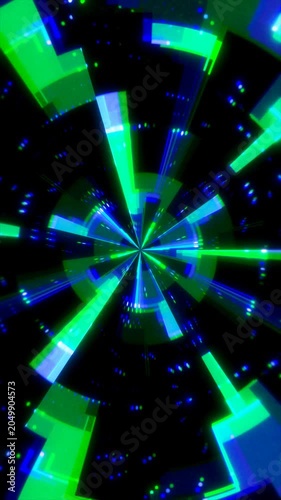 Abstract techno backdrop featuring spinning green and cyan data panels with a glitchy digital hud aesthetic.