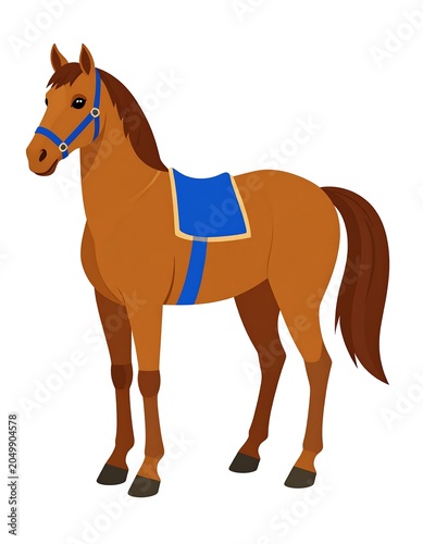 A brown horse with a blue saddle and bridle on a white background