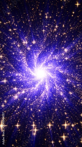 A vibrant animation of golden sparkling stars revolving around a glowing central light in a purple tunnel.