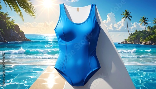 A blue swimsuit on a surfboard on a sunny beach