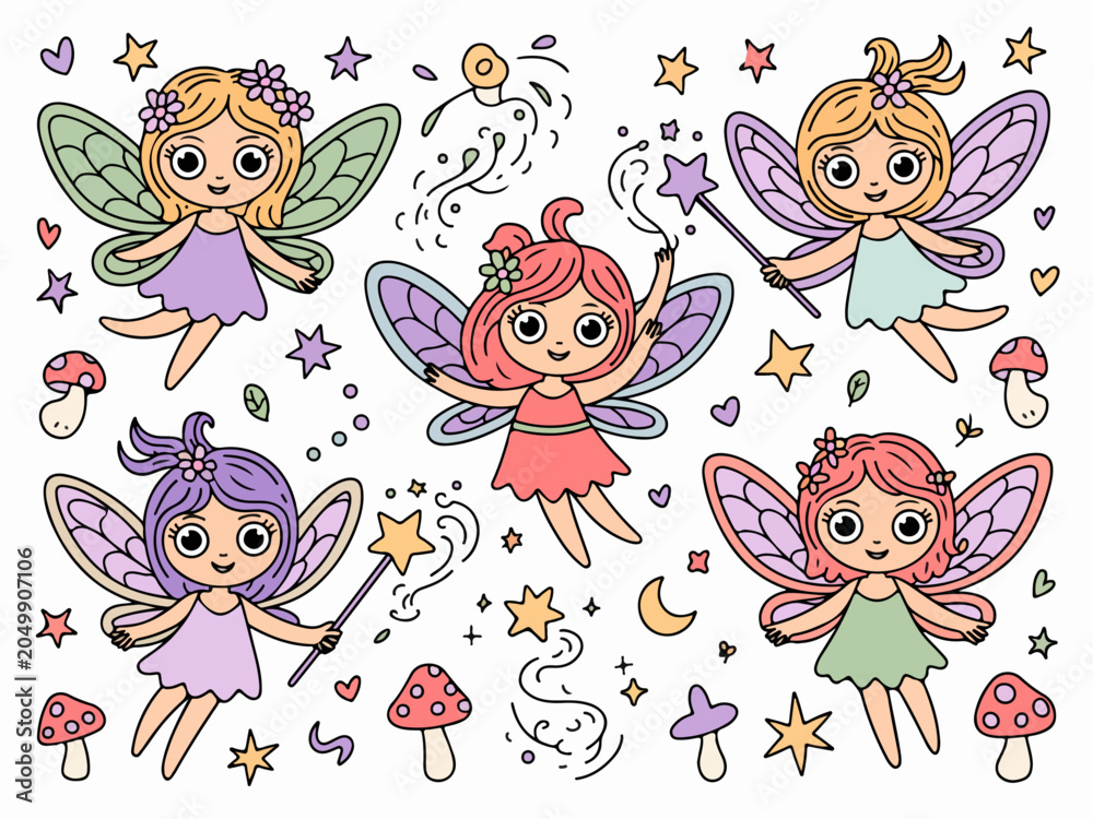 Obraz premium Collection of cute fairy characters with wings and magic wands whimsical fantasy illustration for childrens books and party invitations isolated on white