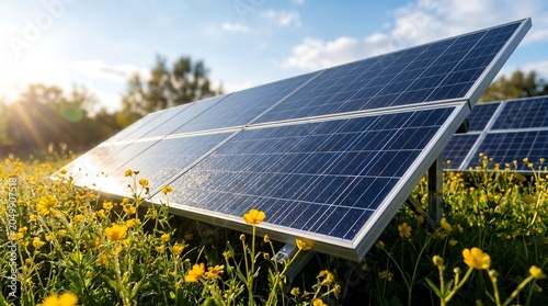 A large photovoltaic solar panel installation with blue silicon cells standing outdoors under bright warm golden hour morning sun