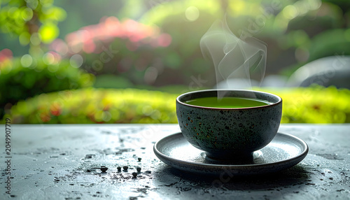 Hot green tea in a dark grey ceramic cup with subtle steam on concrete background