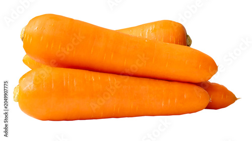 Side view of fresh orange carrot roots in stack isolated with clipping path in png file format